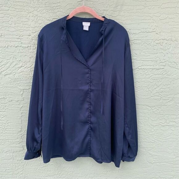 Chico's Women's Navy Blue Satin V-Neck Blouse Size 2 (US 12/14) Long Sleeve - Picture 1 of 7